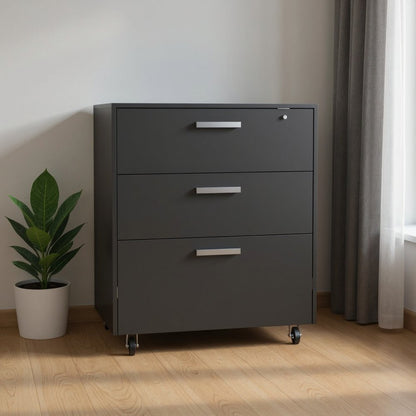 35" Black Wood Three Drawers Filing Cabinet