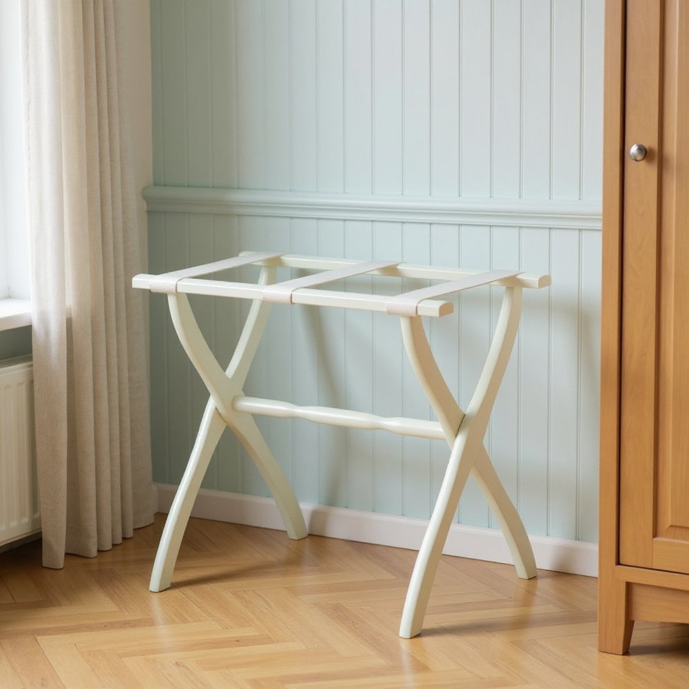 White Folding Luggage Rack With White Straps