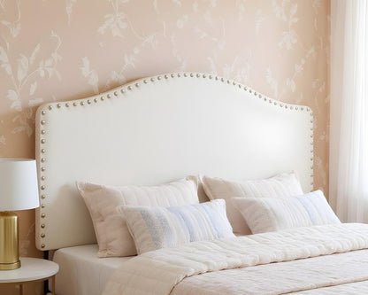 White Faux Leather Upholstered Arched Queen Headboard With Nail Head Trim