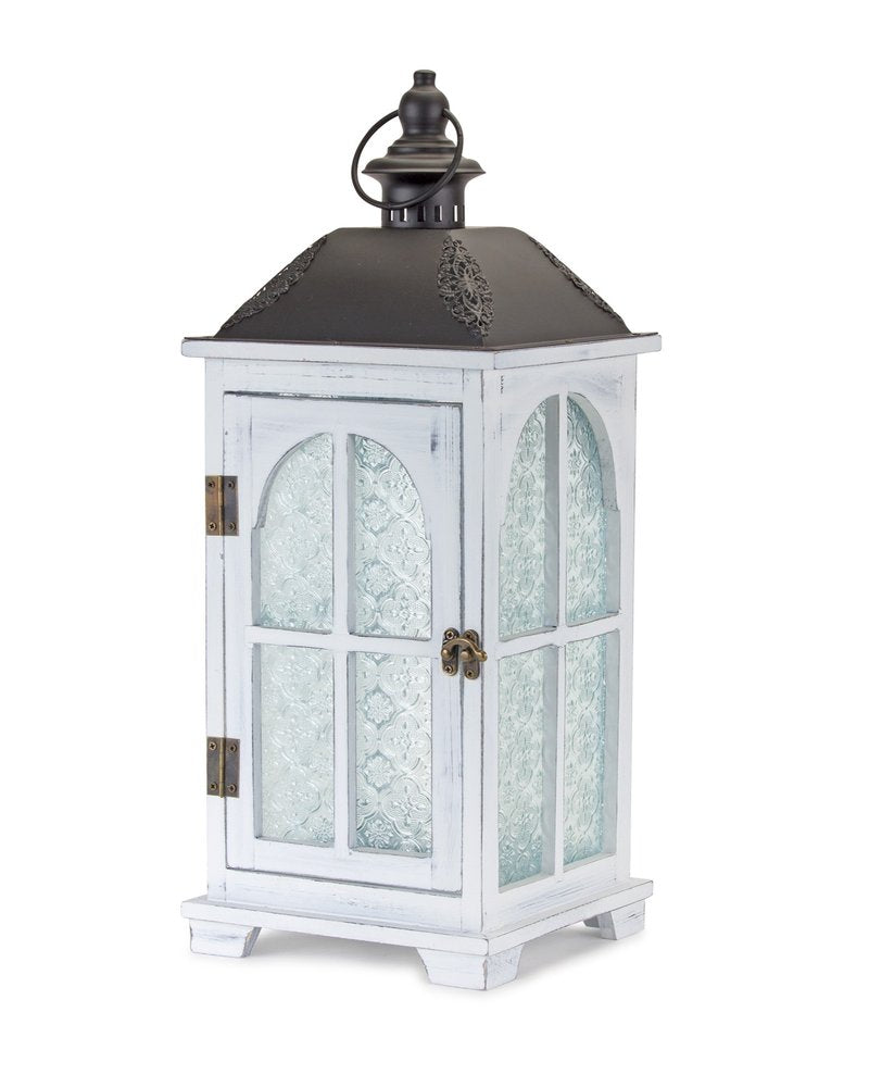 Set of Two White And Black Distressed Ornate Glass Wood And Metal Floor Lantern Candle Holders