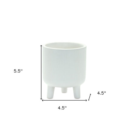 Set of Two White Ceramic Striped Footed Pot Planters