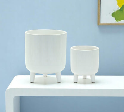 Set of Two White Ceramic Striped Footed Pot Planters