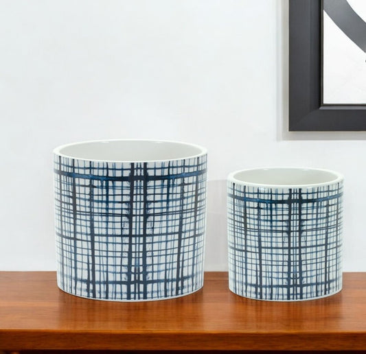 Set of Two White And Blue Ceramic Lattice 2 Ounce Round Pot Planters