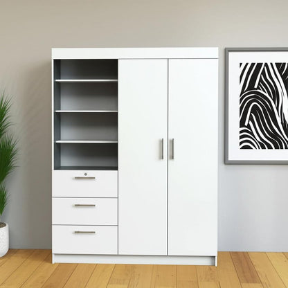 79" White Wood Two Door Three Drawer Combo Dresser