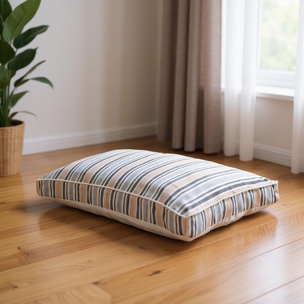 24" X 36" Gray Tan And White Striped Pillow Style Pet Bed With Removable Cover