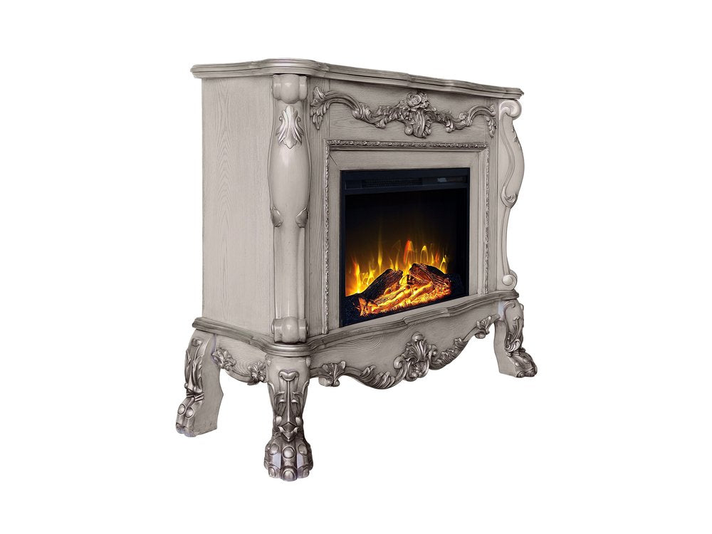 47" Bone Wood Ornate Carved Scrollwork Electric Free Standing Fireplace With Mantle