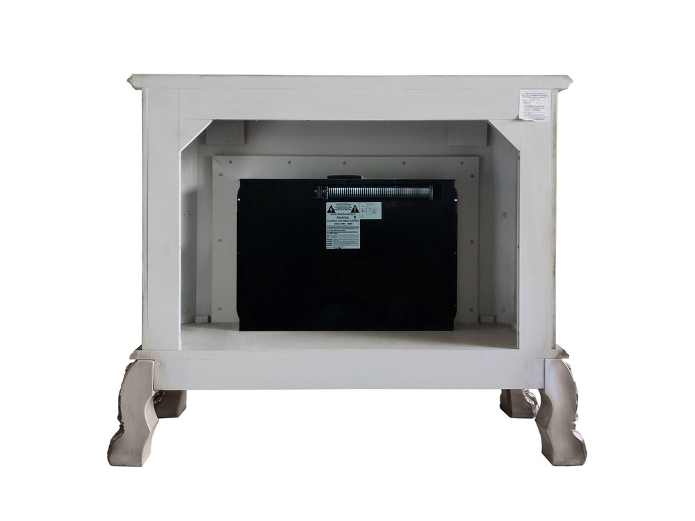 47" Bone Wood Ornate Carved Scrollwork Electric Free Standing Fireplace With Mantle