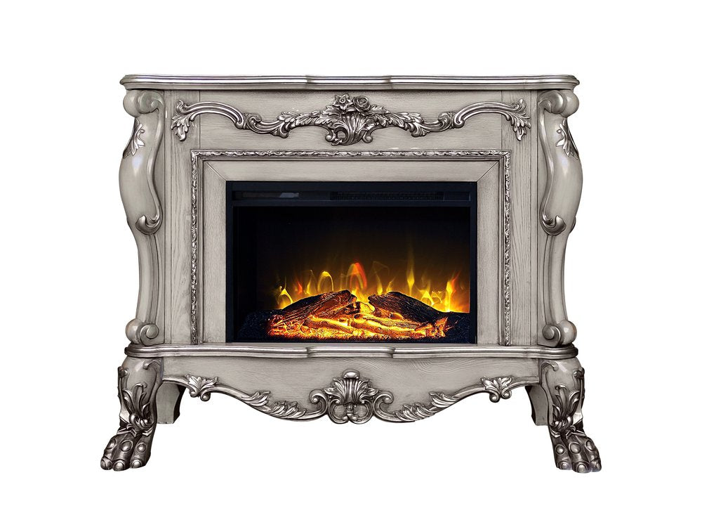 47" Bone Wood Ornate Carved Scrollwork Electric Free Standing Fireplace With Mantle