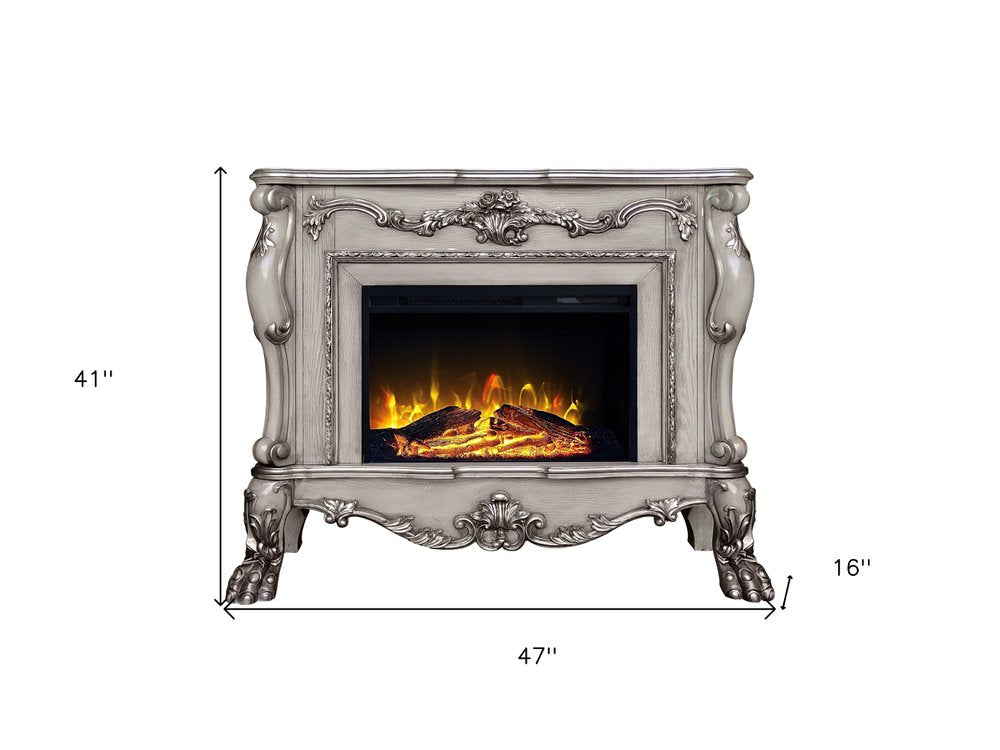 47" Bone Wood Ornate Carved Scrollwork Electric Free Standing Fireplace With Mantle