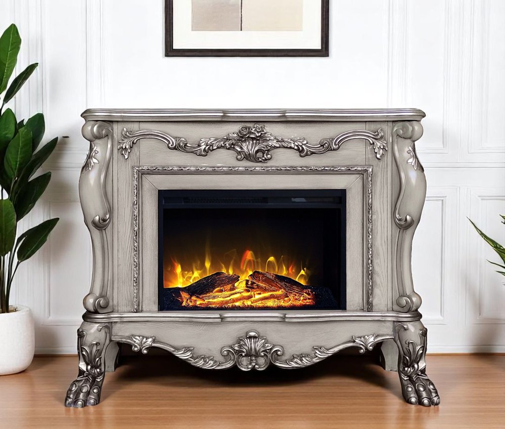 47" Bone Wood Ornate Carved Scrollwork Electric Free Standing Fireplace With Mantle