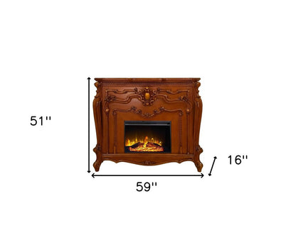 59" Brown Wood Ornate Carved Scrollwork Electric Fireplace With Mantle