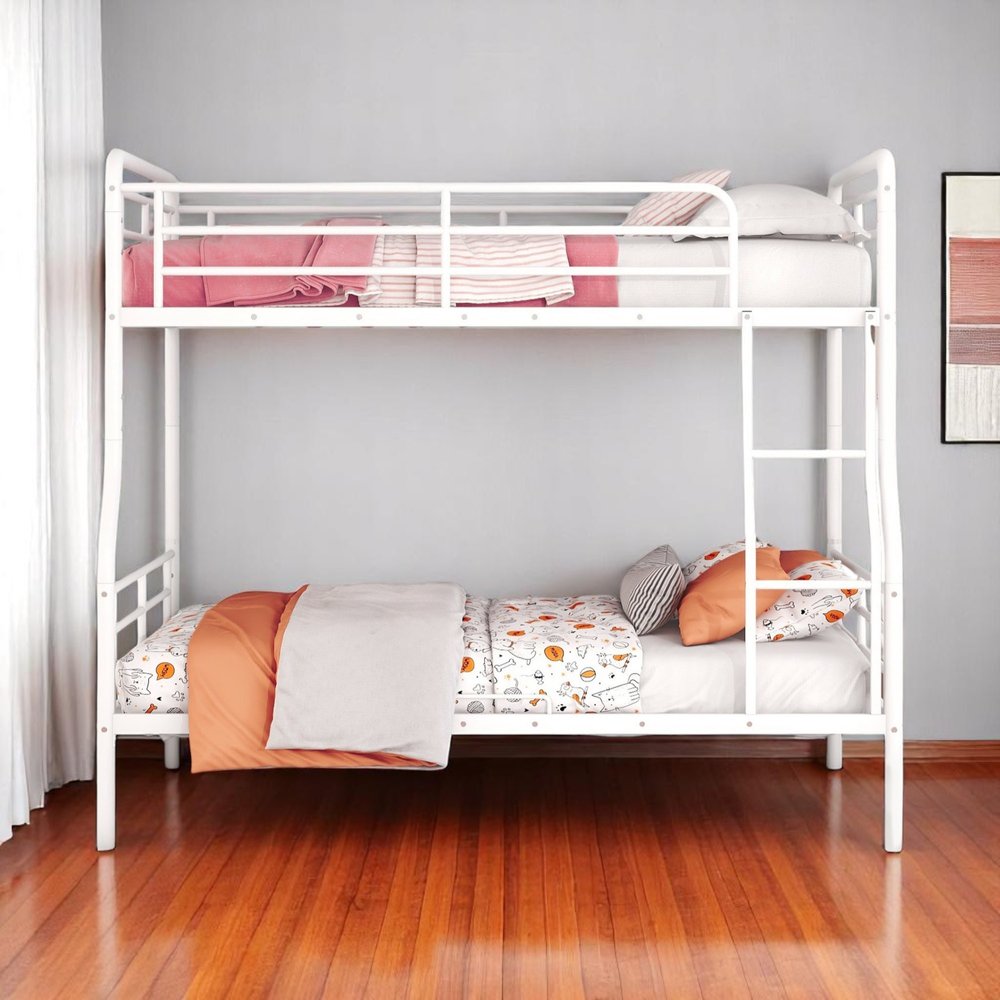White Full XL Over Queen Contemporary Metal Bunk Bed