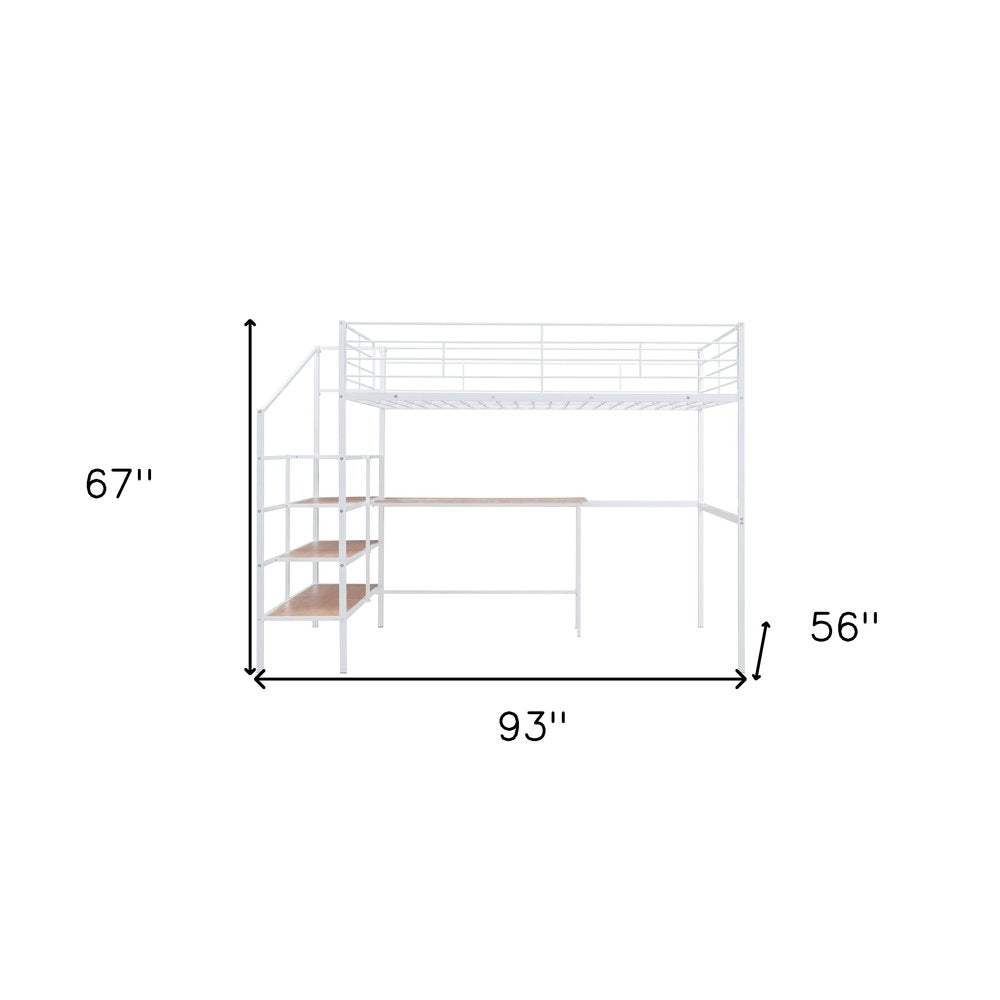 White And Brown Platform Wood And Metal Full Double Loft Bed With Stairs Desk And Shelves