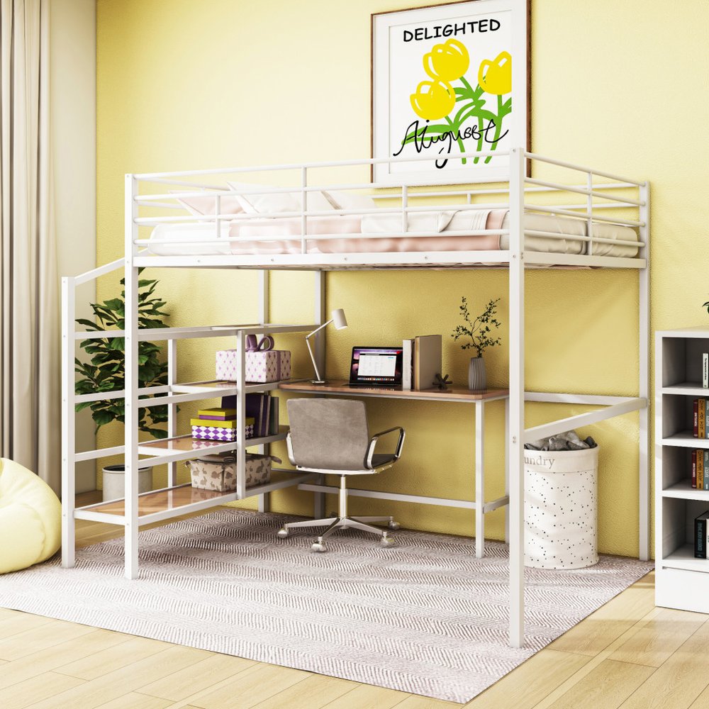 White And Brown Platform Wood And Metal Full Double Loft Bed With Stairs Desk And Shelves