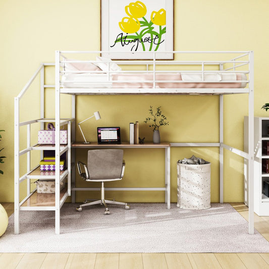 White And Brown Platform Wood And Metal Full Double Loft Bed With Stairs Desk And Shelves