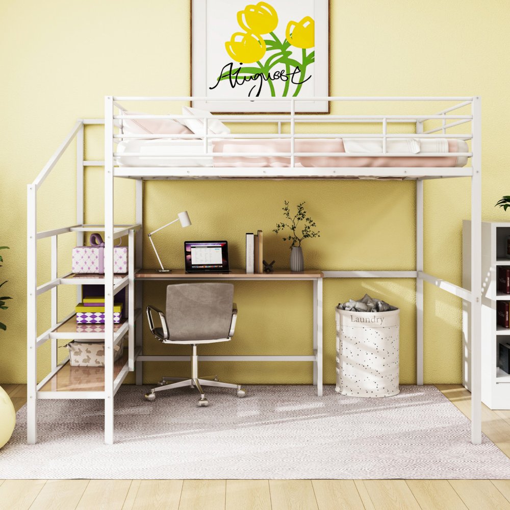 White And Brown Platform Wood And Metal Full Double Loft Bed With Stairs Desk And Shelves
