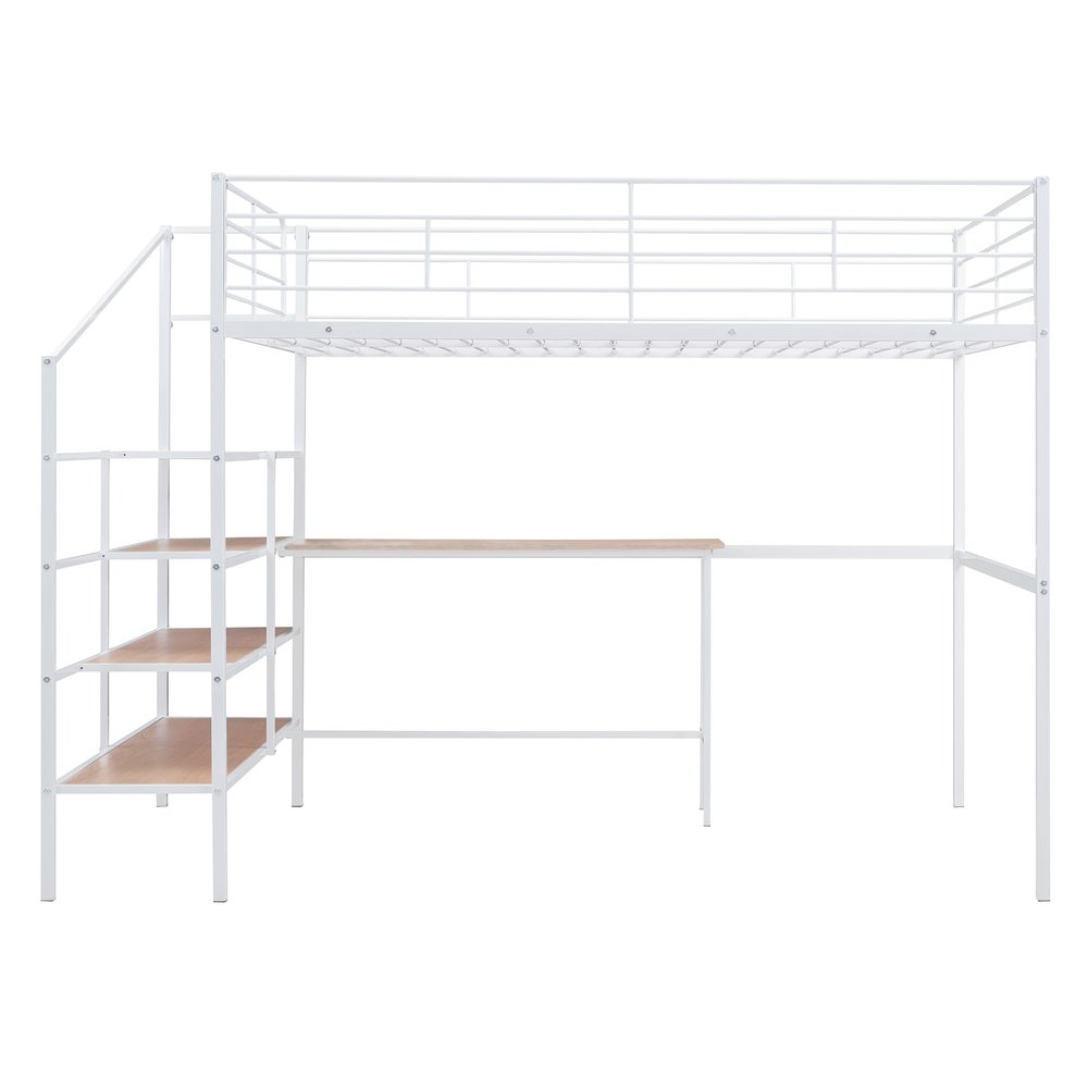 White And Brown Platform Wood And Metal Full Double Loft Bed With Stairs Desk And Shelves
