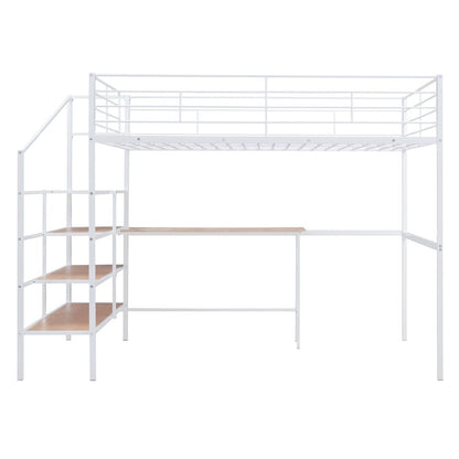 White And Brown Platform Wood And Metal Full Double Loft Bed With Stairs Desk And Shelves