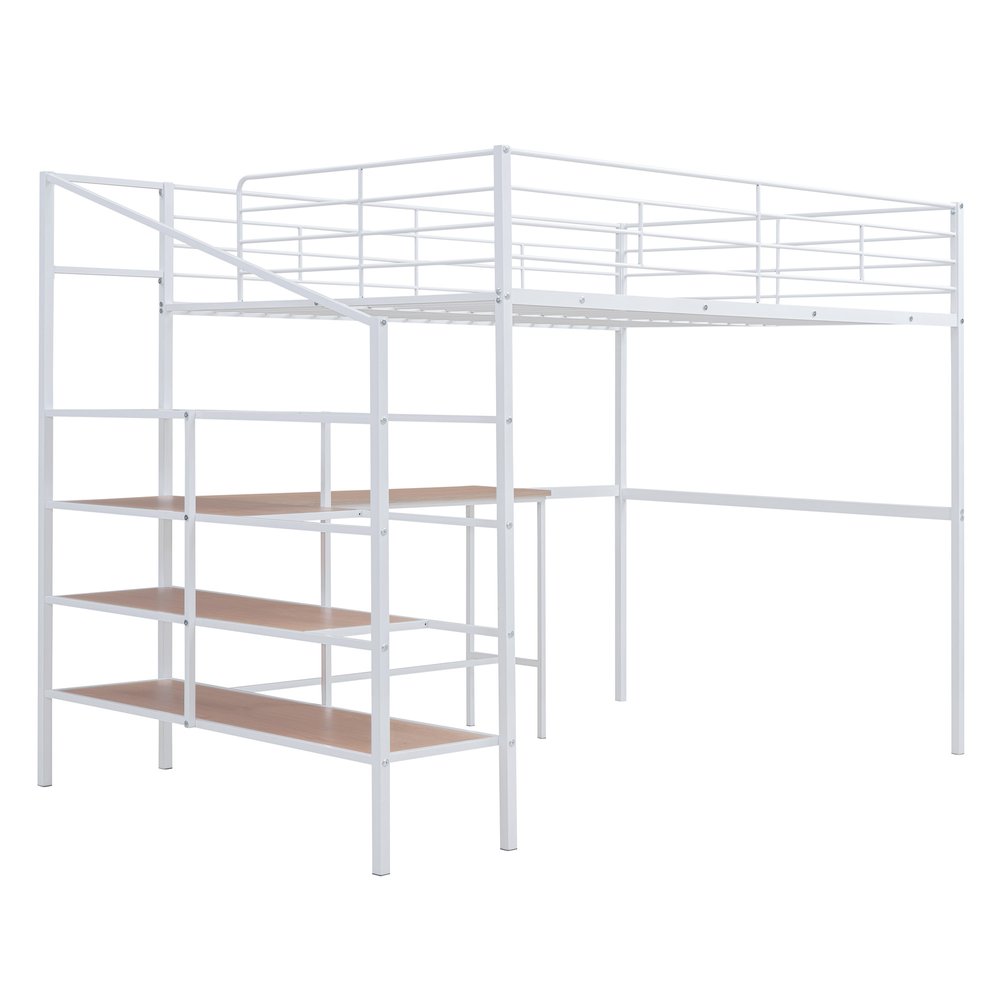 White And Brown Platform Wood And Metal Full Double Loft Bed With Stairs Desk And Shelves