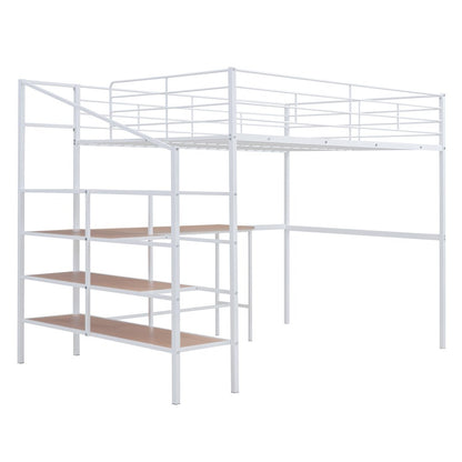 White And Brown Platform Wood And Metal Full Double Loft Bed With Stairs Desk And Shelves