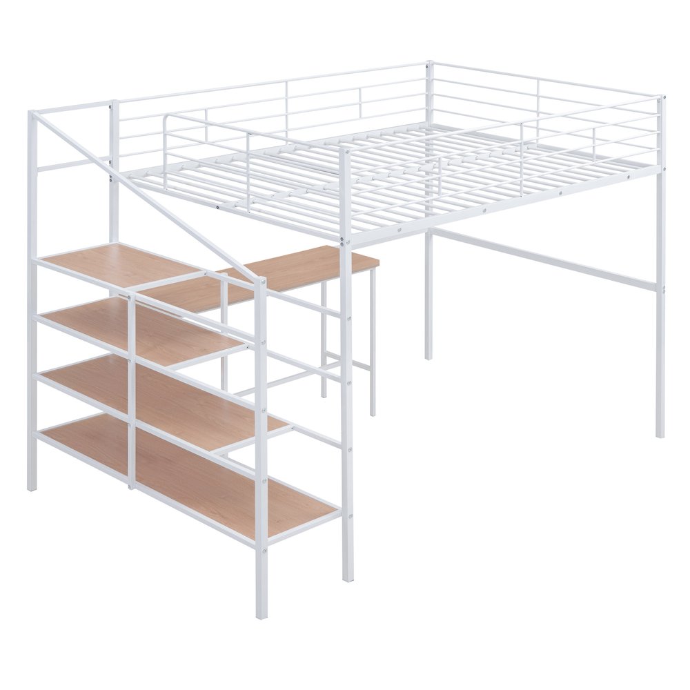 White And Brown Platform Wood And Metal Full Double Loft Bed With Stairs Desk And Shelves