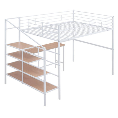 White And Brown Platform Wood And Metal Full Double Loft Bed With Stairs Desk And Shelves