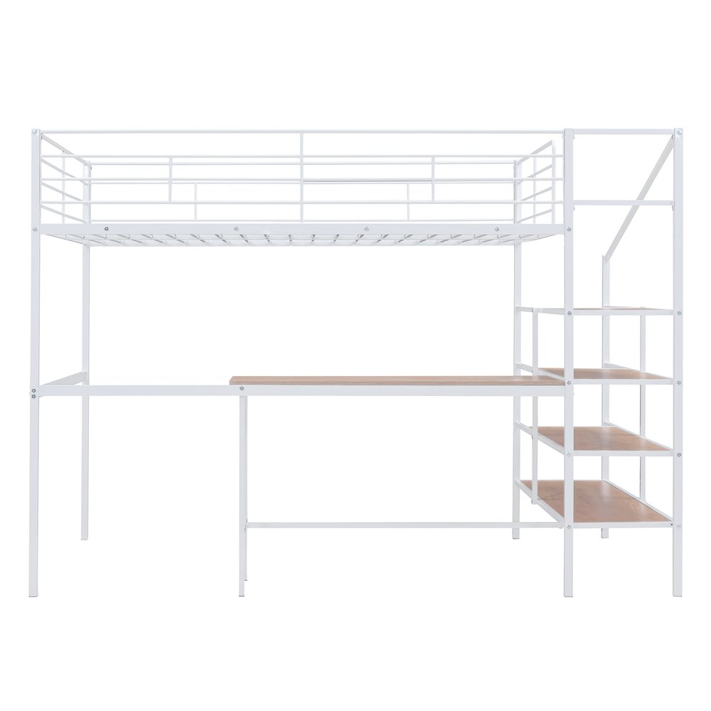 White And Brown Platform Wood And Metal Full Double Loft Bed With Stairs Desk And Shelves