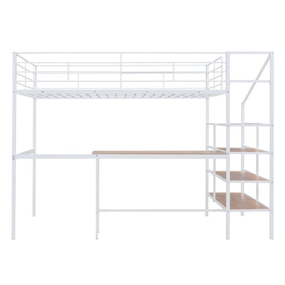 White And Brown Platform Wood And Metal Full Double Loft Bed With Stairs Desk And Shelves
