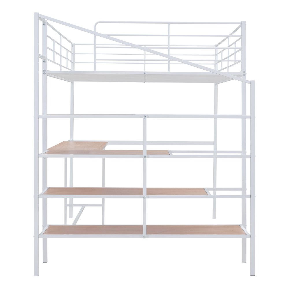 White And Brown Platform Wood And Metal Full Double Loft Bed With Stairs Desk And Shelves