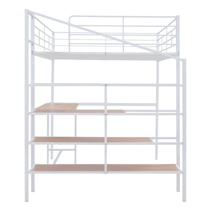 White And Brown Platform Wood And Metal Full Double Loft Bed With Stairs Desk And Shelves