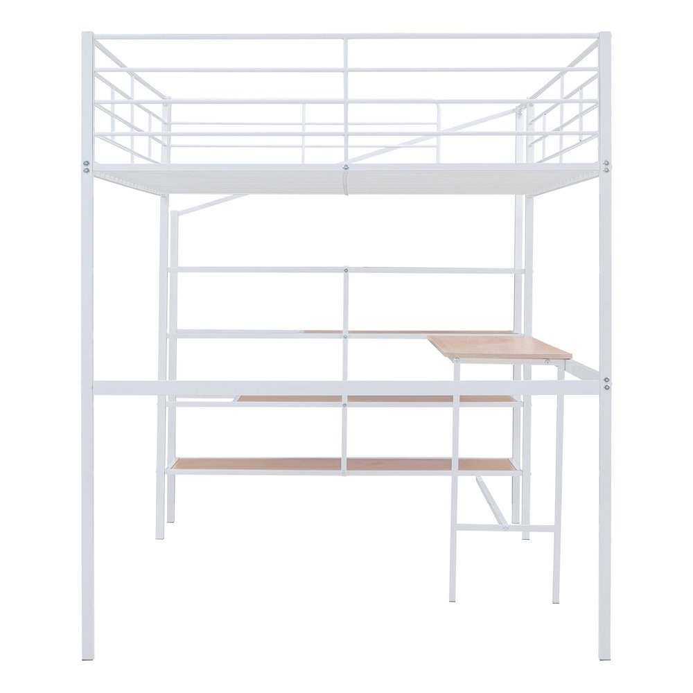 White And Brown Platform Wood And Metal Full Double Loft Bed With Stairs Desk And Shelves