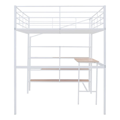 White And Brown Platform Wood And Metal Full Double Loft Bed With Stairs Desk And Shelves