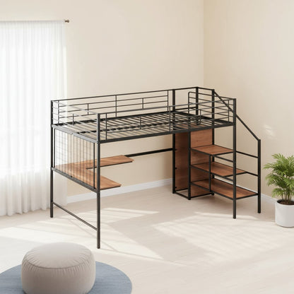 Black Platform Solid and Manufactured Wood And Metal Full Double Loft Bed with Desk and Shelves