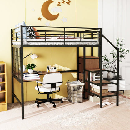 Black Platform Solid and Manufactured Wood And Metal Full Double Loft Bed with Desk and Shelves