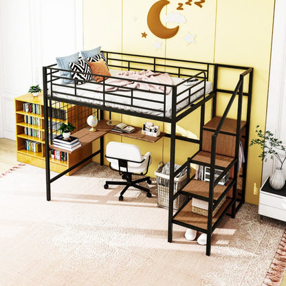 Black Platform Solid and Manufactured Wood And Metal Full Double Loft Bed with Desk and Shelves