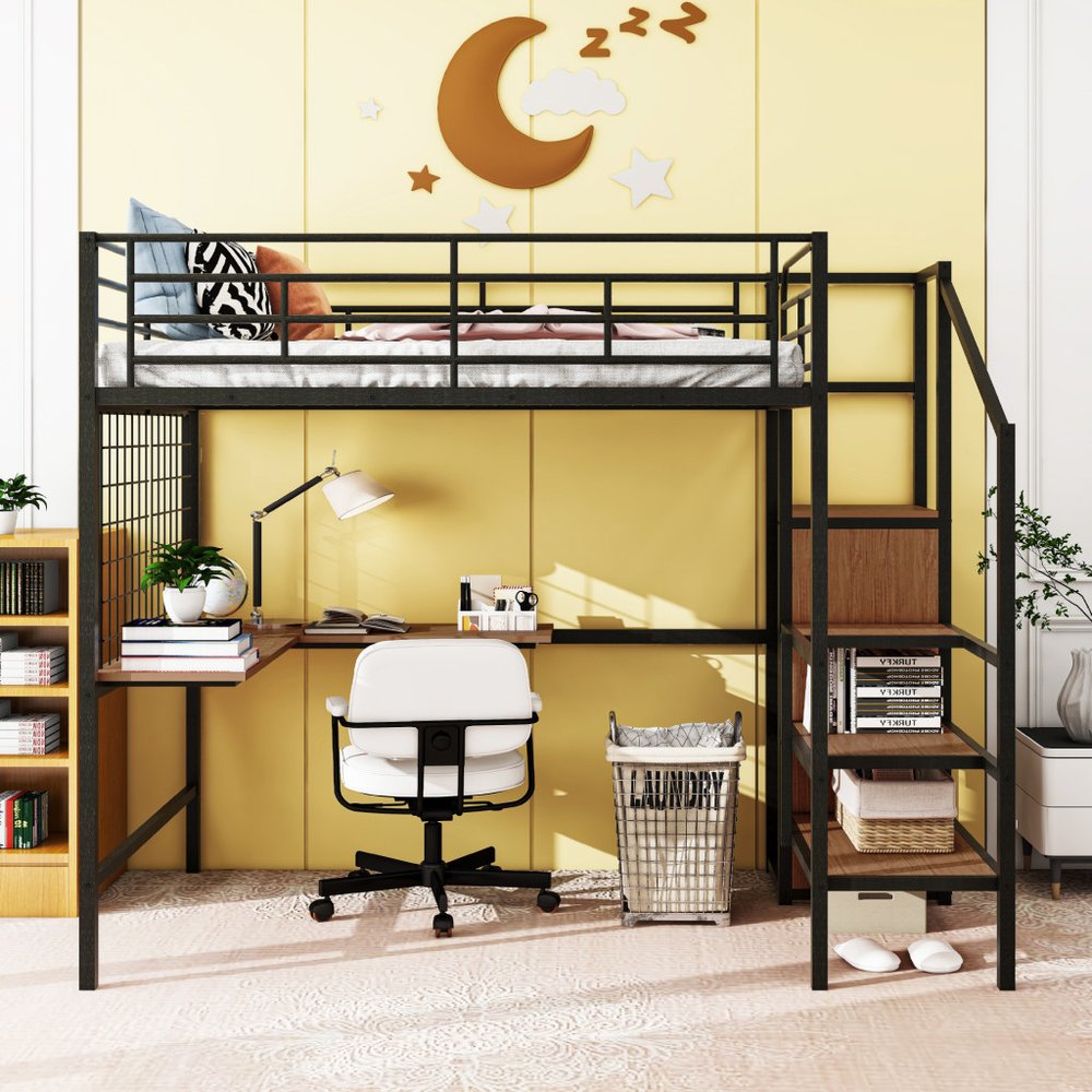Black Platform Solid and Manufactured Wood And Metal Full Double Loft Bed with Desk and Shelves