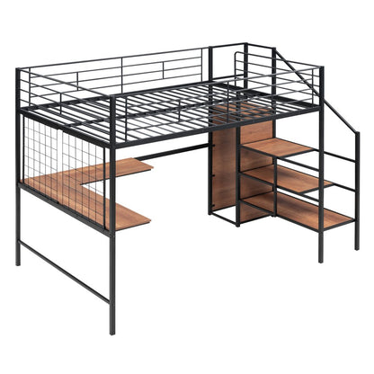 Black Platform Solid and Manufactured Wood And Metal Full Double Loft Bed with Desk and Shelves