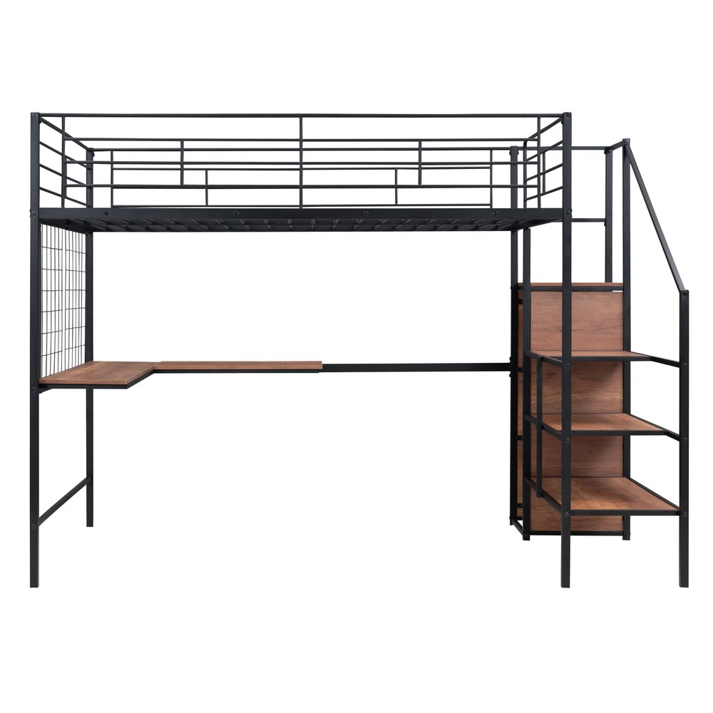 Black Platform Solid and Manufactured Wood And Metal Full Double Loft Bed with Desk and Shelves
