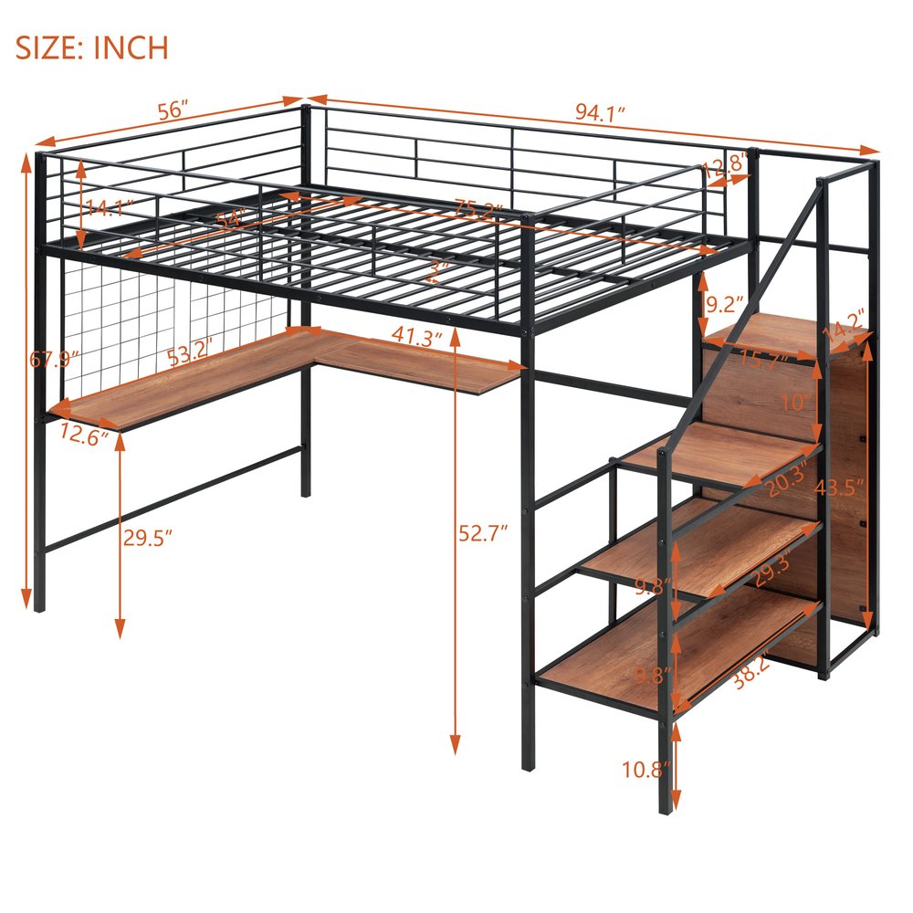 Black Platform Solid and Manufactured Wood And Metal Full Double Loft Bed with Desk and Shelves