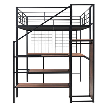 Black Platform Solid and Manufactured Wood And Metal Full Double Loft Bed with Desk and Shelves