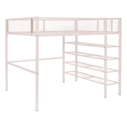 Light Pink Platform Metal Full Double Loft Bed With Shelves