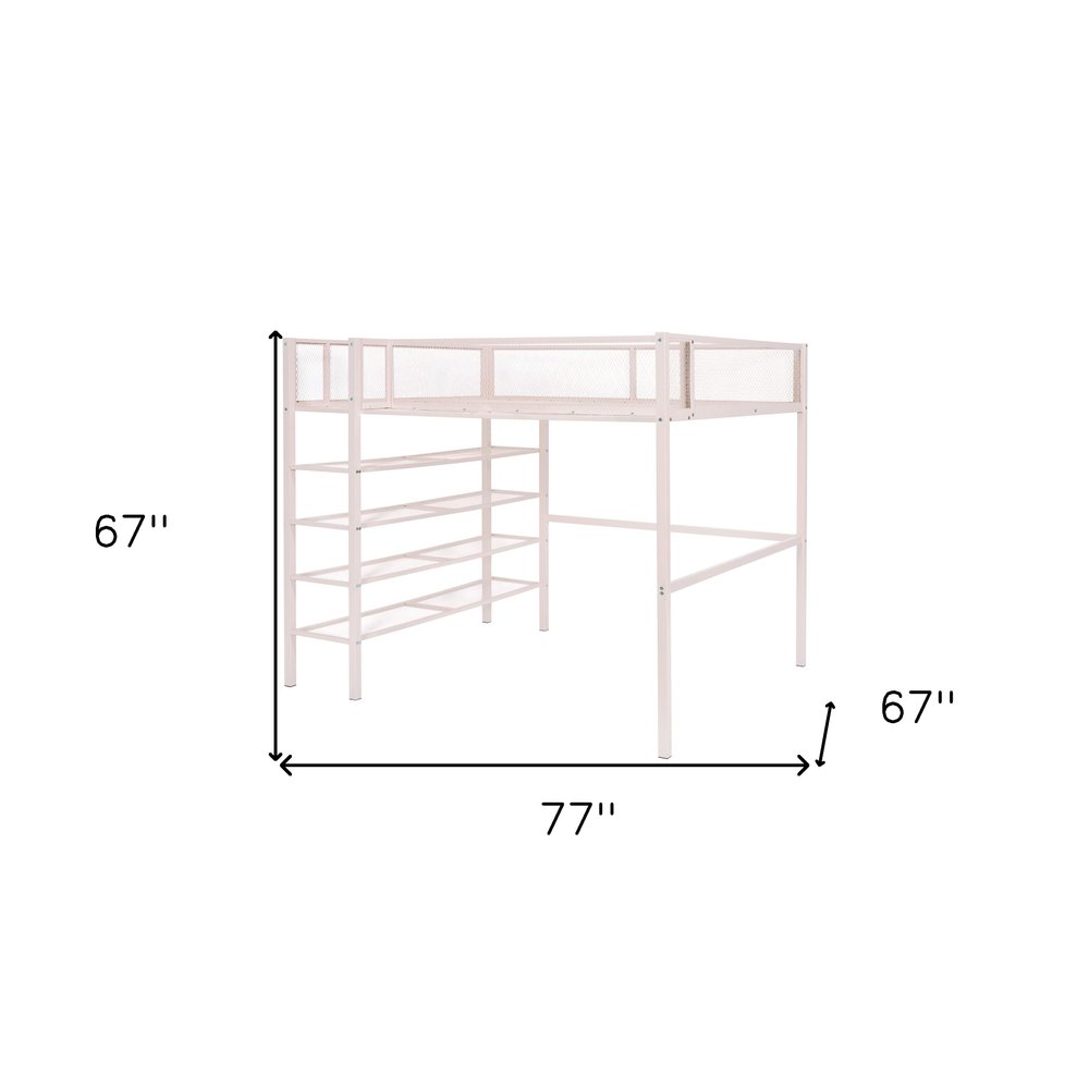 Light Pink Platform Metal Full Double Loft Bed With Shelves