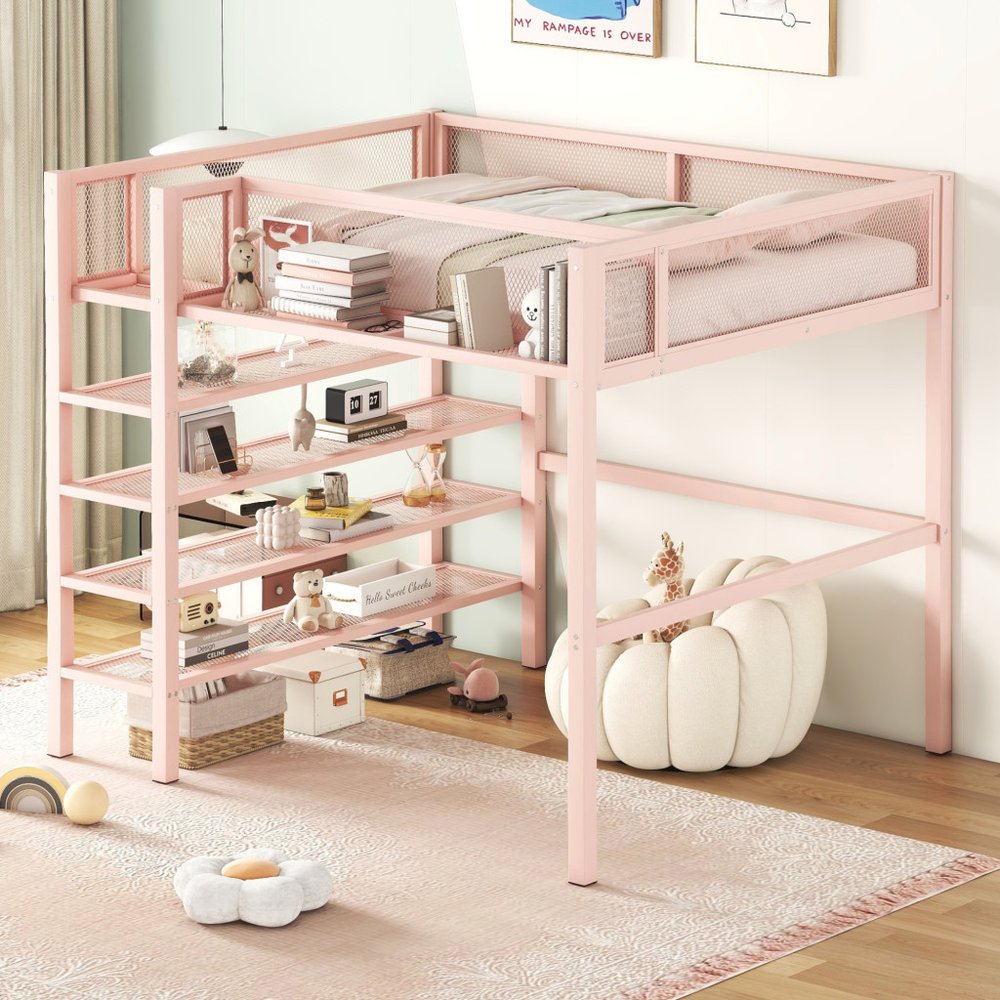 Light Pink Platform Metal Full Double Loft Bed With Shelves