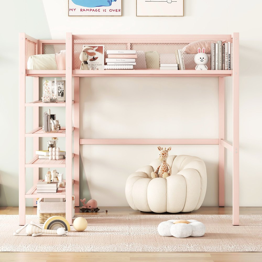 Light Pink Platform Metal Full Double Loft Bed With Shelves