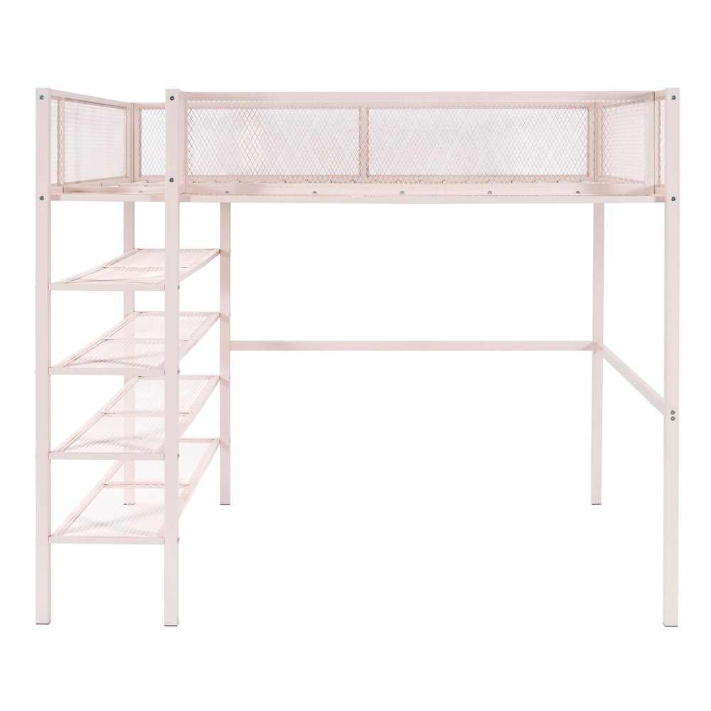 Light Pink Platform Metal Full Double Loft Bed With Shelves