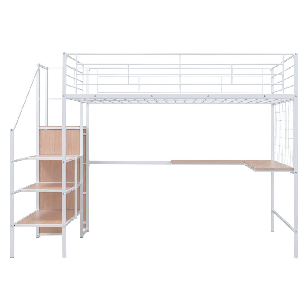 Black Platform Solid and Manufactured Wood And Metal Full Double Loft Bed with Desk and Shelves