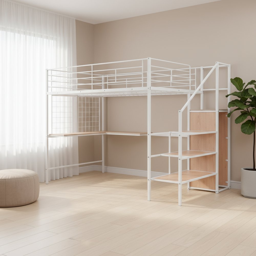 Black Platform Solid and Manufactured Wood And Metal Full Double Loft Bed with Desk and Shelves