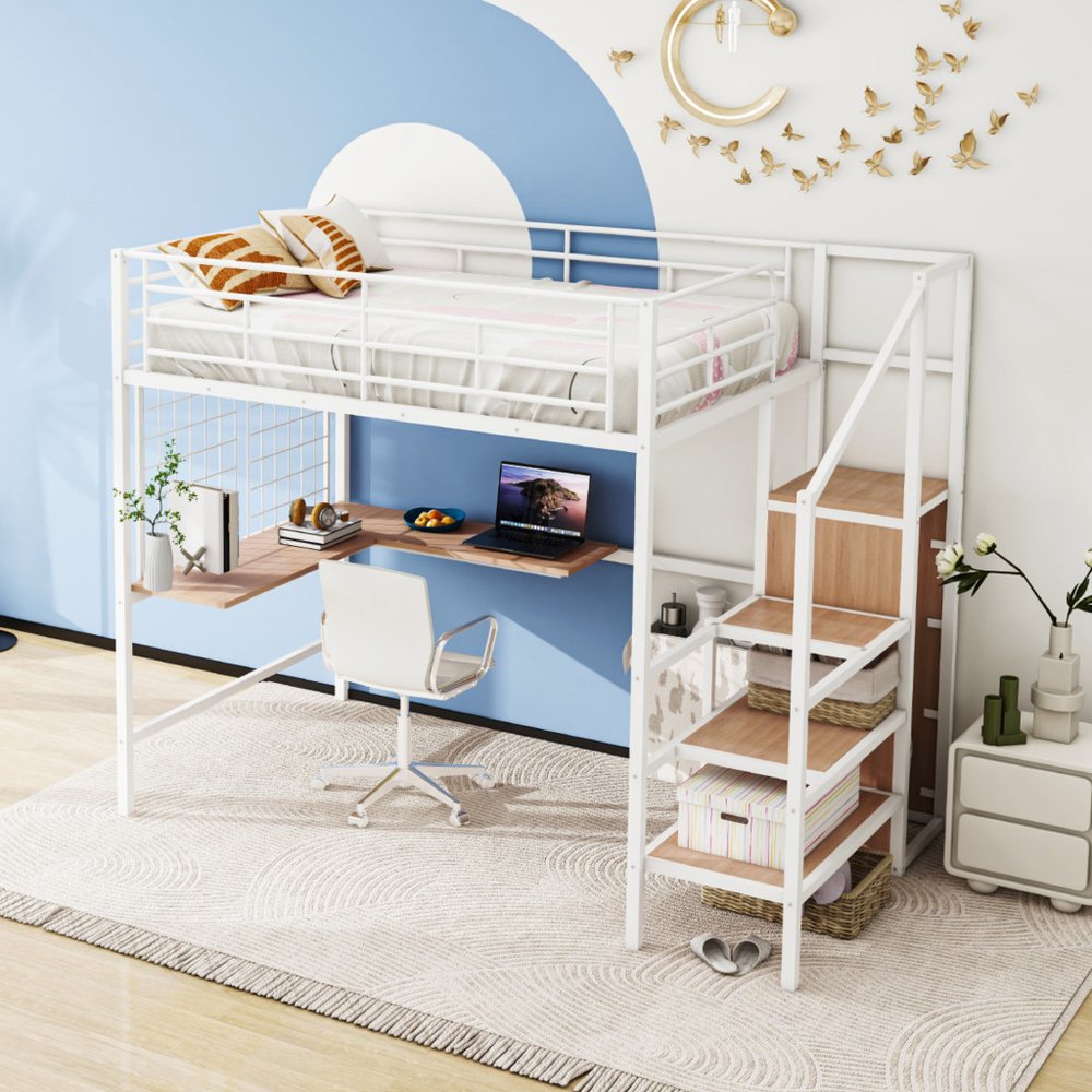 Black Platform Solid and Manufactured Wood And Metal Full Double Loft Bed with Desk and Shelves