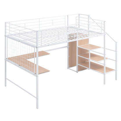 Black Platform Solid and Manufactured Wood And Metal Full Double Loft Bed with Desk and Shelves