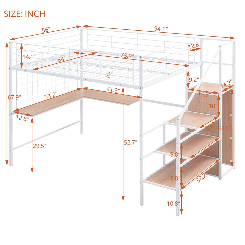 Black Platform Solid and Manufactured Wood And Metal Full Double Loft Bed with Desk and Shelves